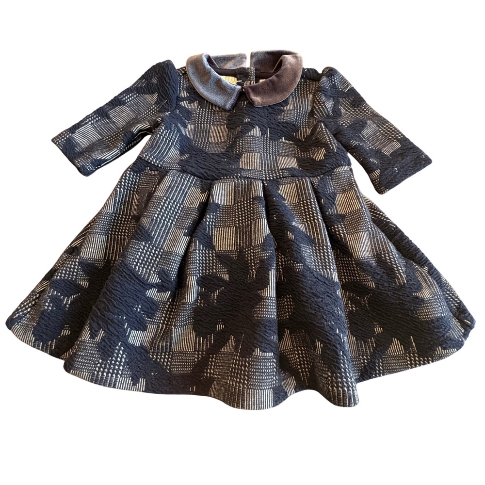 Janie and Jack Navy Blue Jacquard Plaid Floral Dress Velvet Collar 3-6M NWT